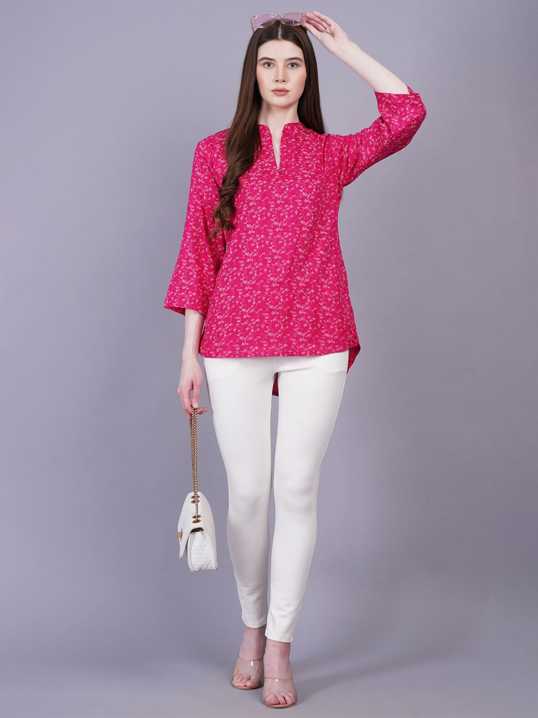 

HIGHLIGHT FASHION EXPORT Floral Print Mandarin Collar Top, Pink