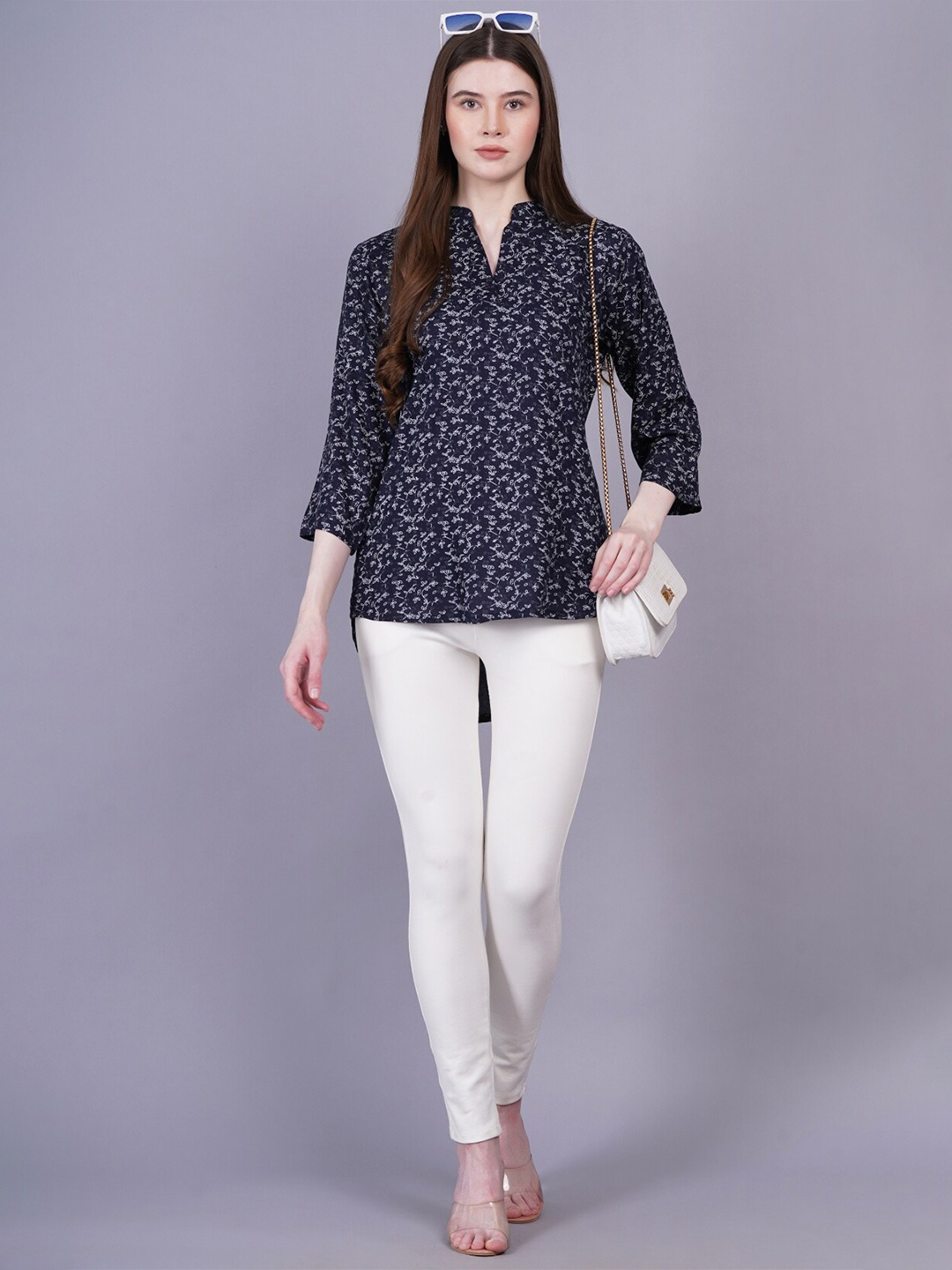 

HIGHLIGHT FASHION EXPORT Floral Print Shirt Style Top, Blue