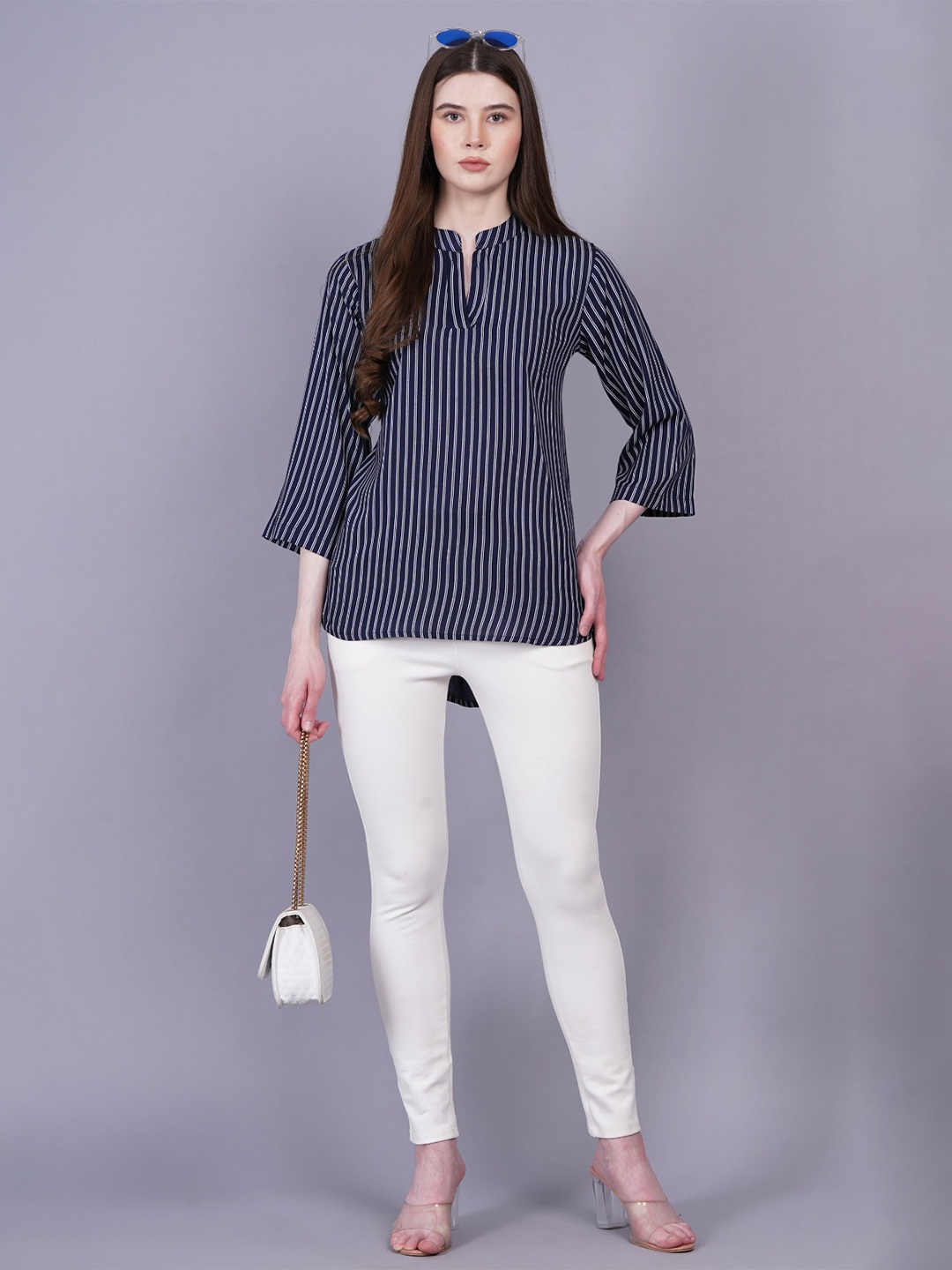 

HIGHLIGHT FASHION EXPORT Vertical Striped Mandarin Collar Top, Teal