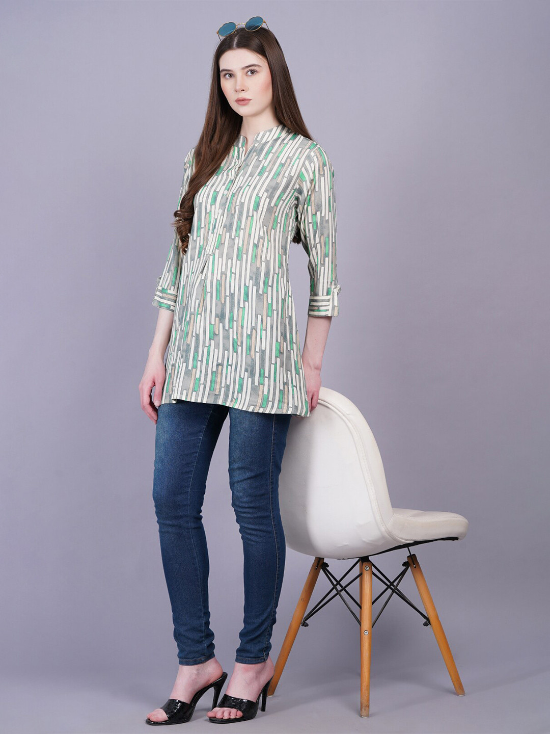 

HIGHLIGHT FASHION EXPORT Geometric Printed A-Line Top, Grey