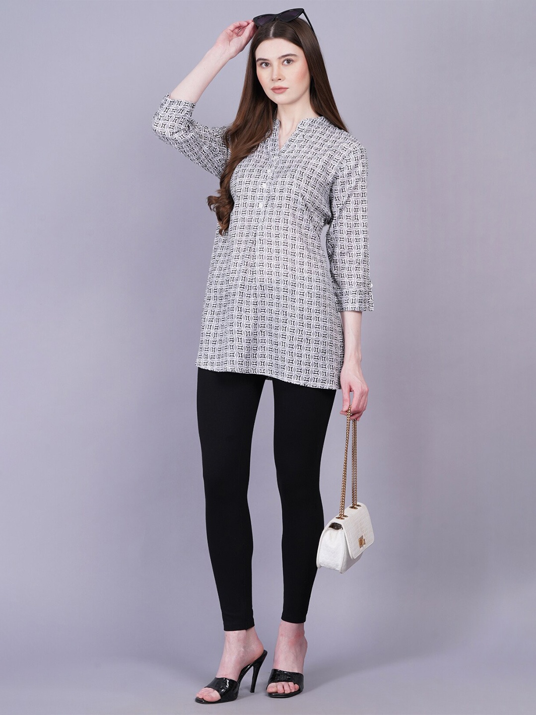 

HIGHLIGHT FASHION EXPORT Abstract Printed Mandarin Collar Top, Grey