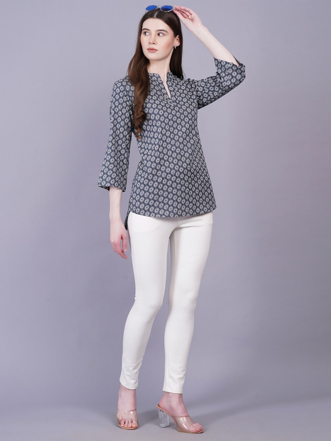 

HIGHLIGHT FASHION EXPORT Geometric Print Mandarin Collar Top, Grey