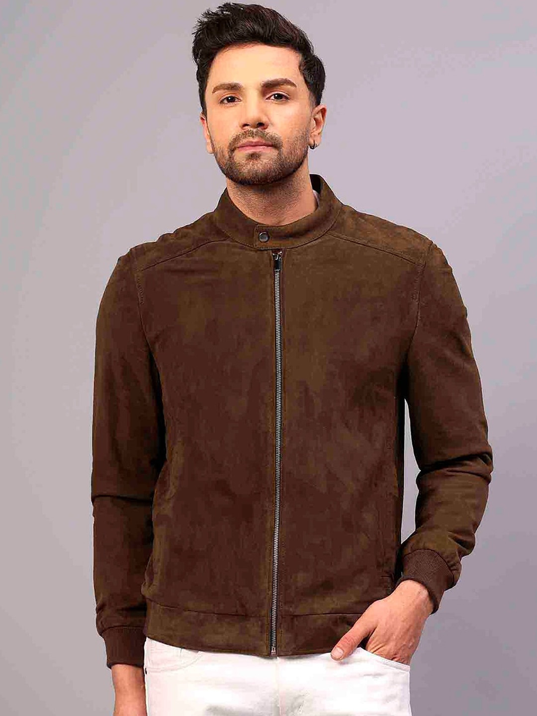 

Saint G Abstract Printed Leather Water Resistant Bomber Jacket, Olive