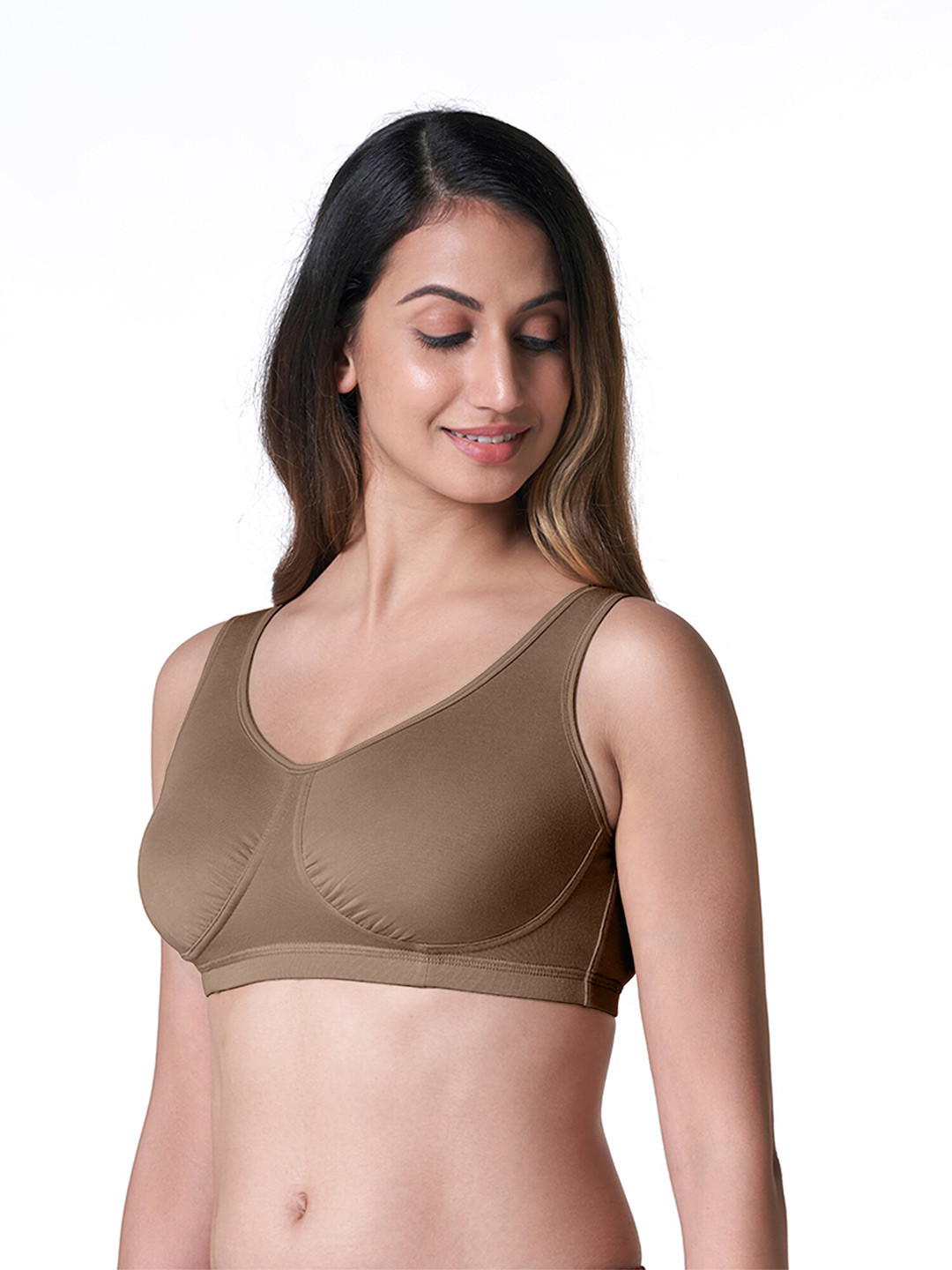 

BLOSSOM Women's Double Layered Gathered Modal Slip on Night Bra, Camel brown