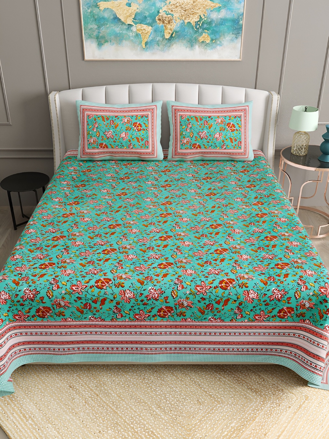 

BELLA CASA Green & Red Floral Printed Cotton 180 TC King Bedsheet with 2 Pillow Covers