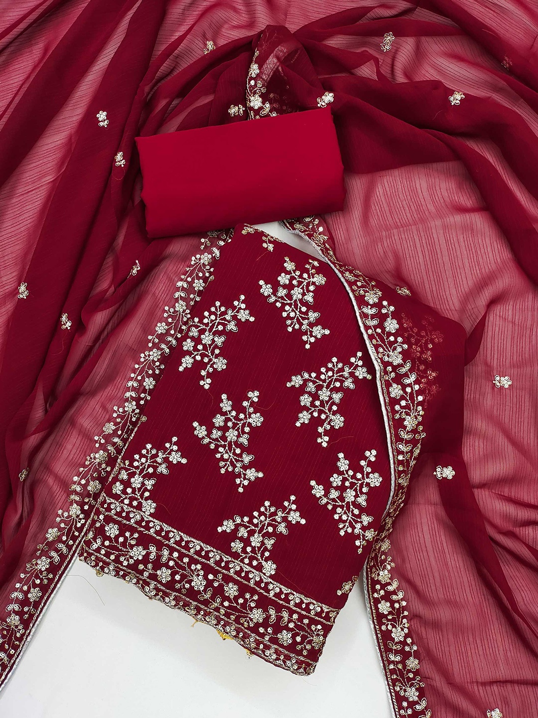 

KALINI Floral Embroidered Unstitched Dress Material, Maroon