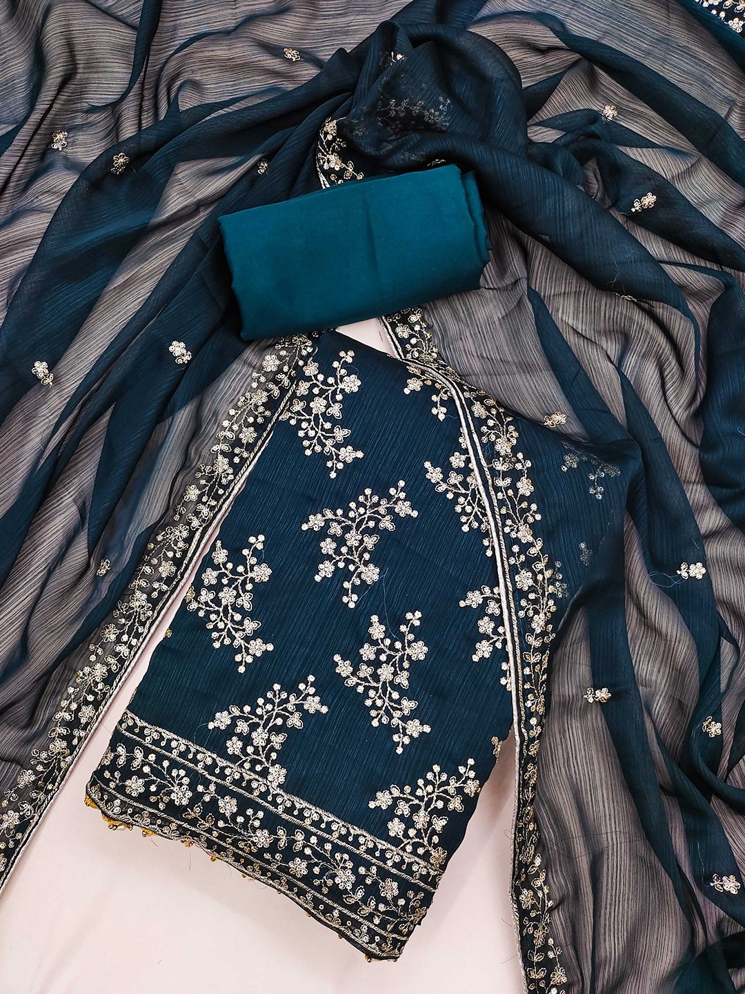 

KALINI Ethnic Motifs Embroidered Sequinned Unstitched Dress Material, Teal