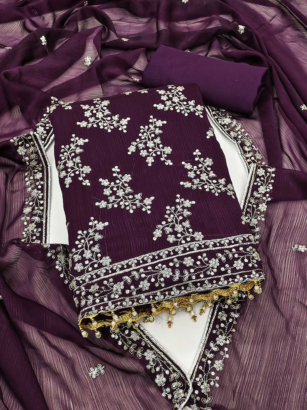 

KALINI Floral Embroidered Unstitched Dress Material, Purple