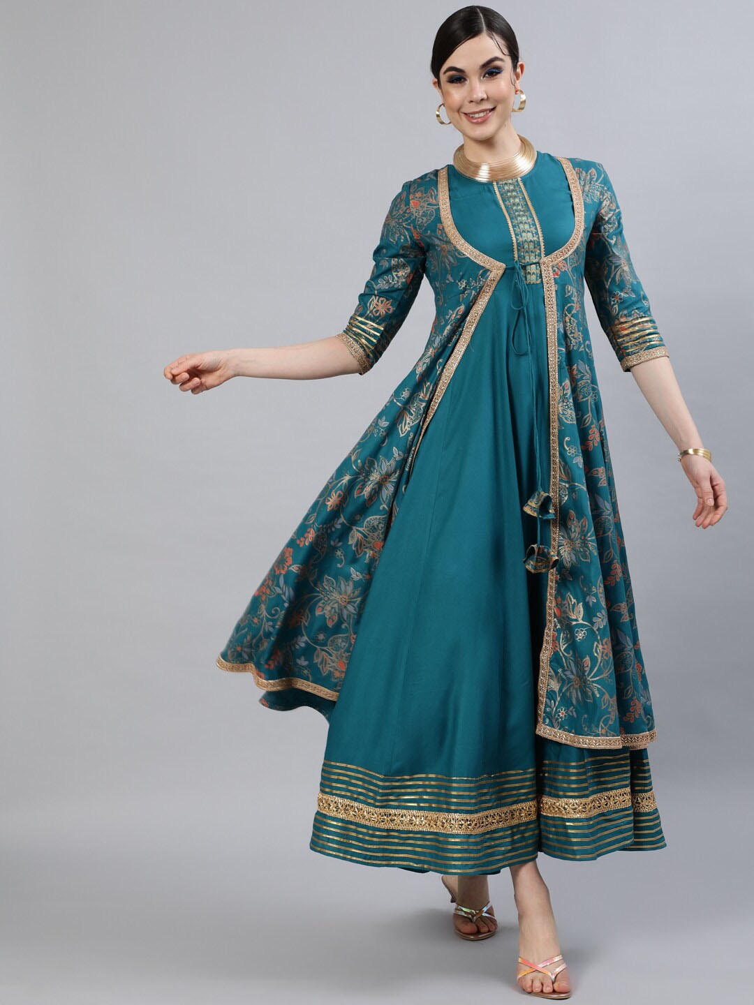 

GULMOHAR JAIPUR Ethnic Motifs Printed Layered Anarkali Kurta, Turquoise blue