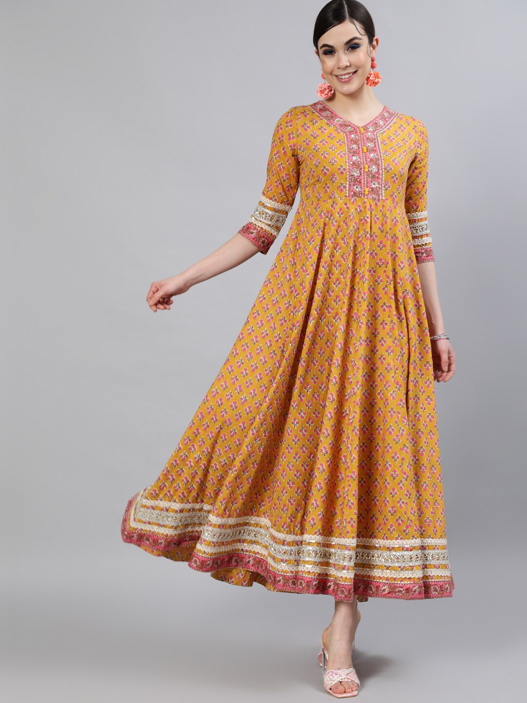 

GULMOHAR JAIPUR Ethnic Motifs Printed Cotton Anarkali Kurta, Mustard