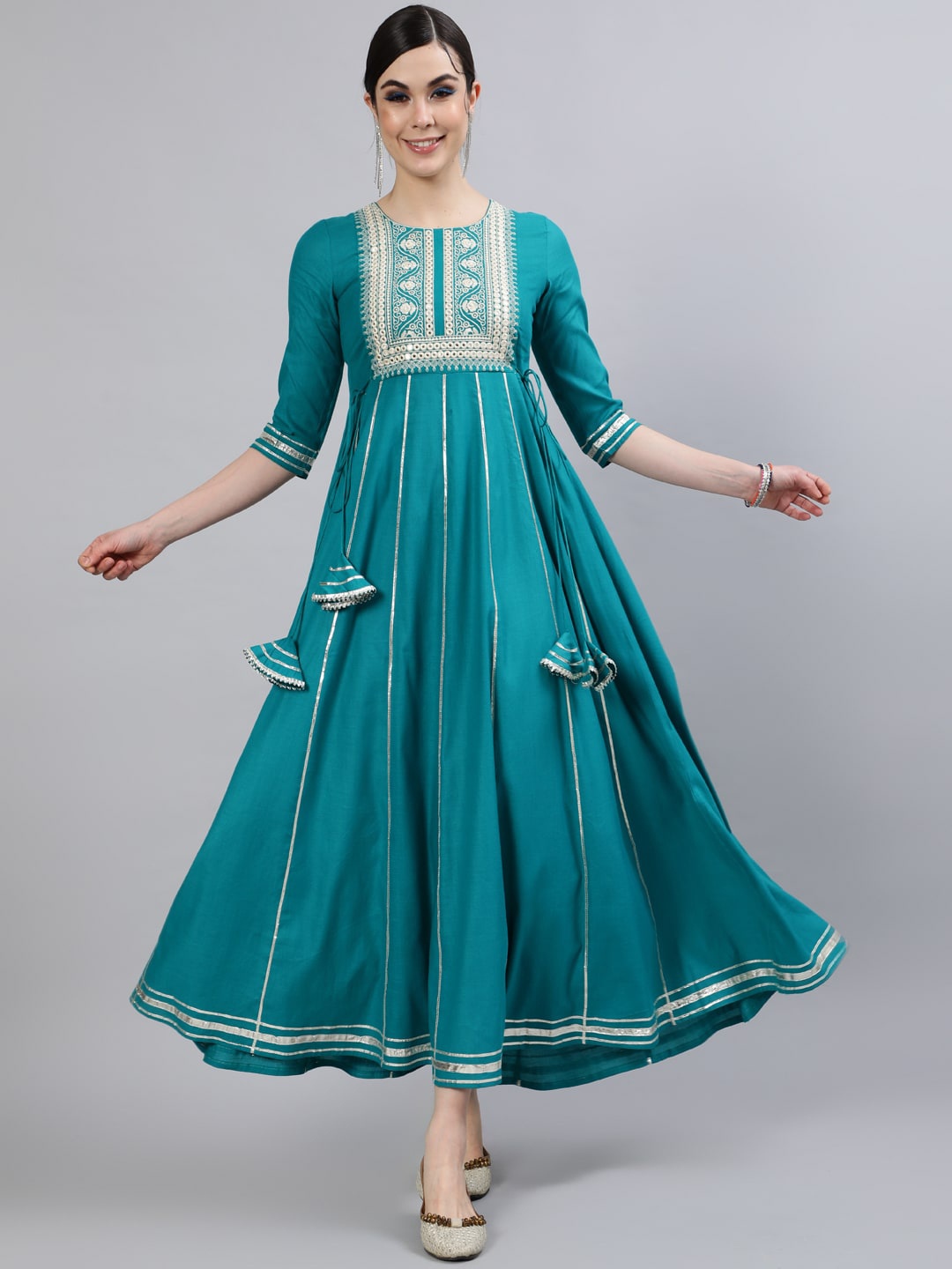 

GULMOHAR JAIPUR Ethnic Motifs Yoke Design Thread Work Anarkali Kurta, Green