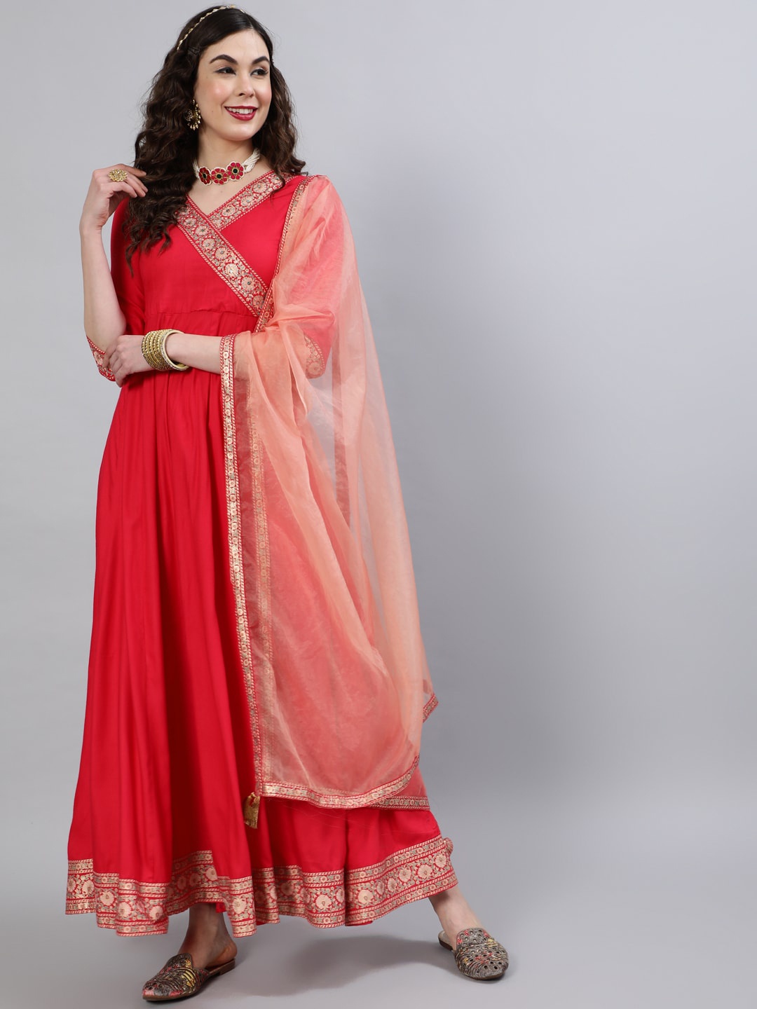 

GULMOHAR JAIPUR Foil Printed Angrakha Anarkali Kurta With Dupatta, Coral