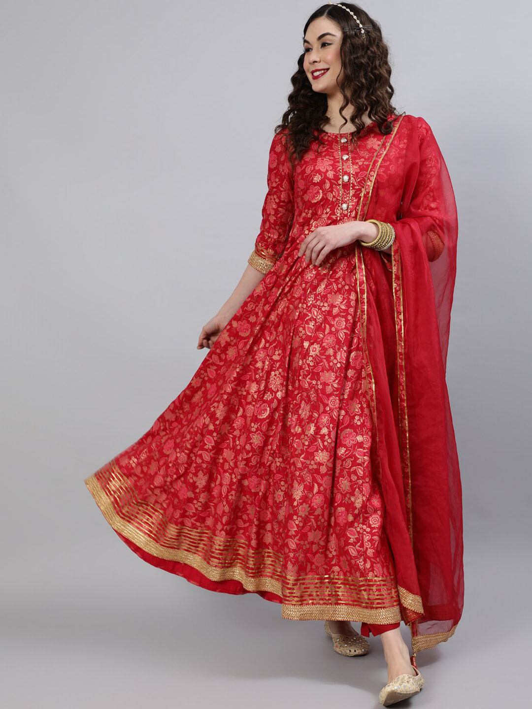 

GULMOHAR JAIPUR Floral Foil Printed Anarkali Kurta, Coral