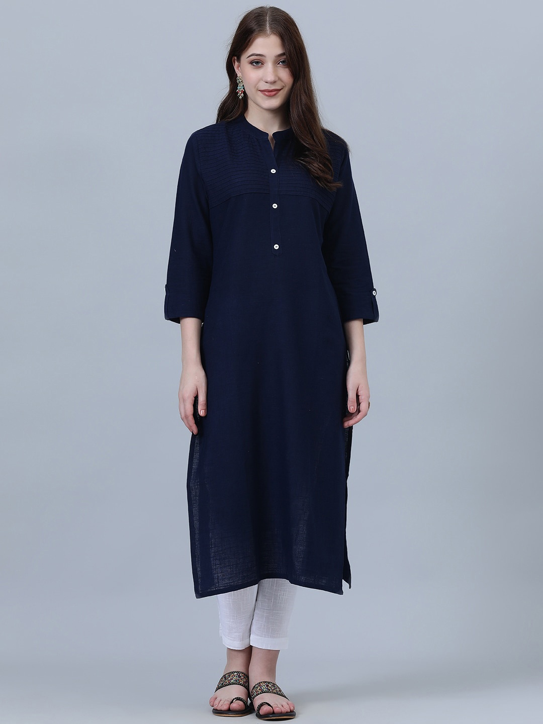 

SHOOLIN Mandarin Collar Roll Up Sleeves Cotton Straight Kurta, Navy blue