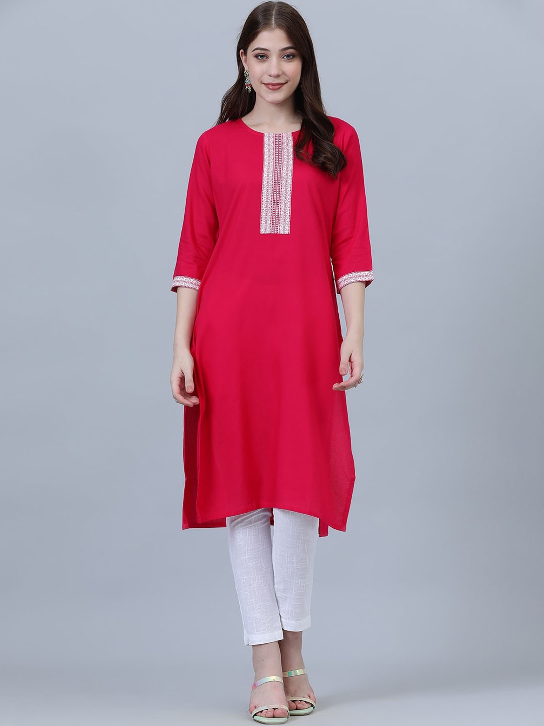 

SHOOLIN Round Neck Cotton Straight Kurta, Pink