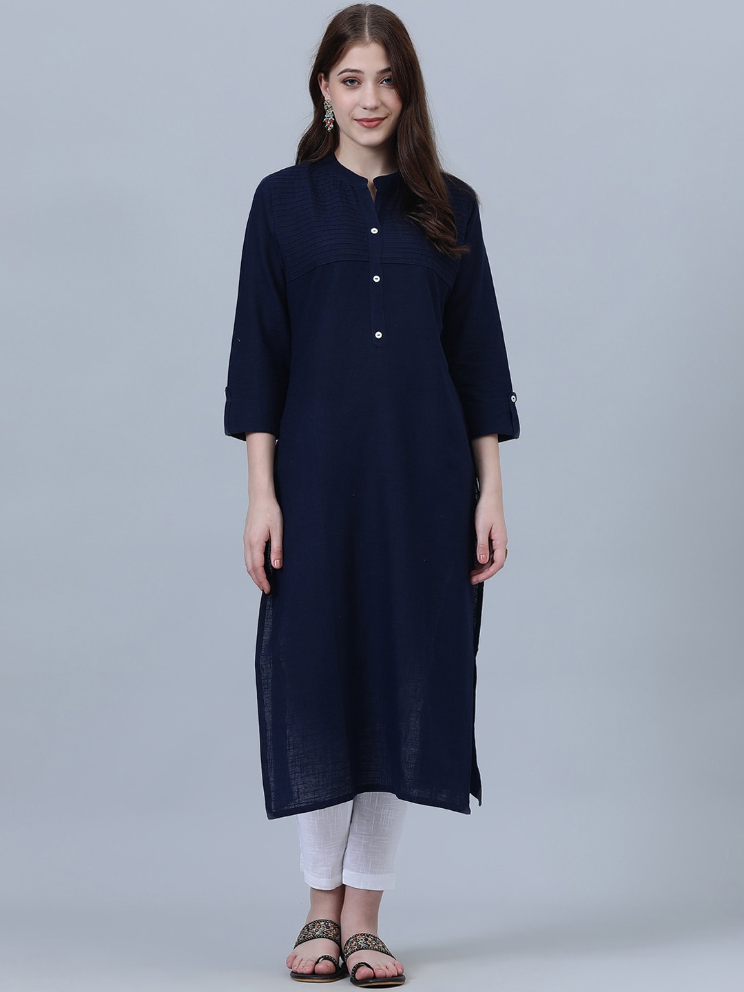 

SHOOLIN Striped Regular Pure Cotton Kurta With Trouser, Navy blue
