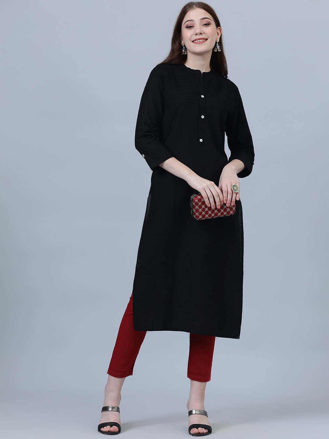 

SHOOLIN Mandarin Collar Roll Up Sleeves Cotton Straight Kurta, Black