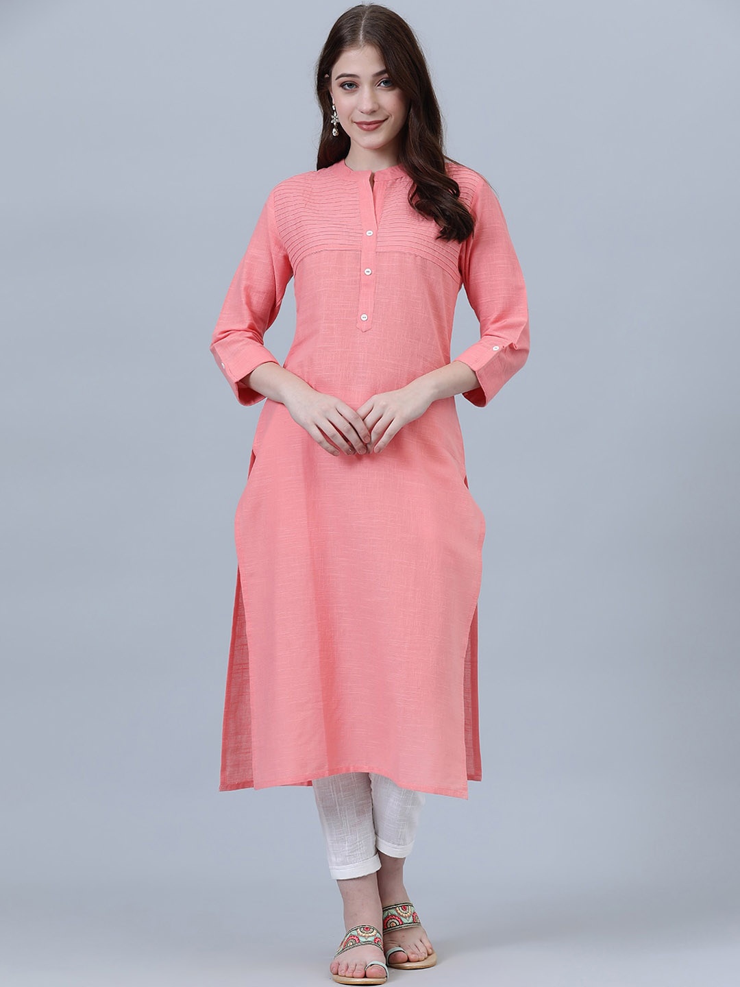 

SHOOLIN Mandarin Collar Roll Up Sleeves Cotton Straight Kurta, Peach