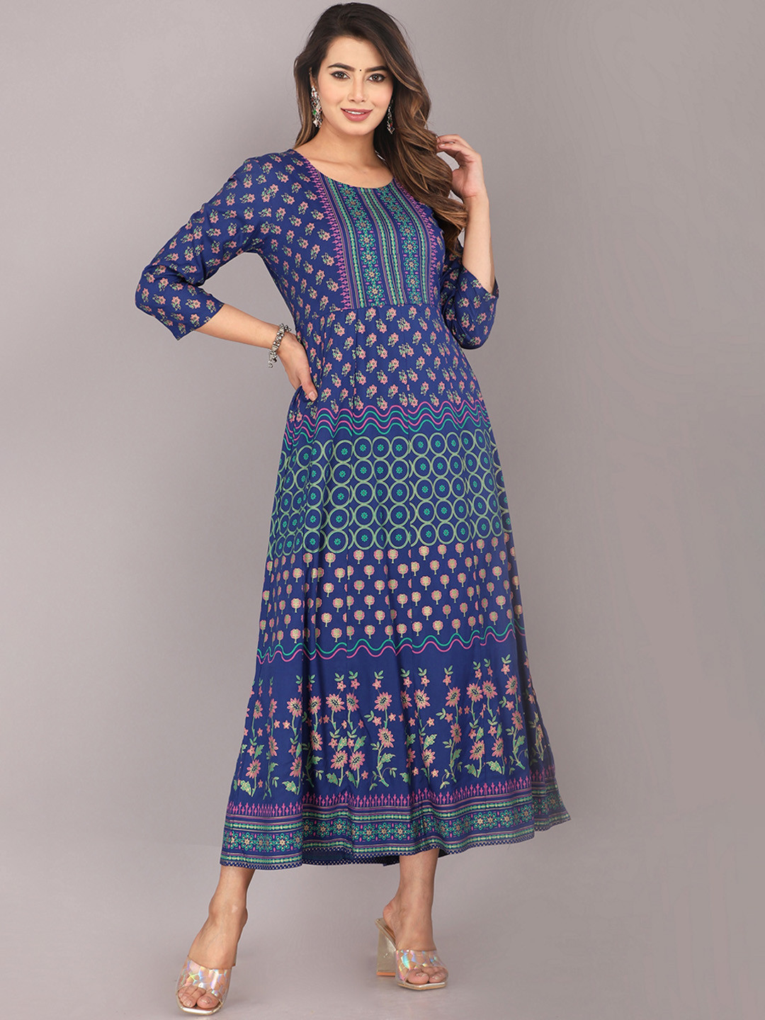 

KANNAHI Ethnic Motifs Printed A-line Ethnic Dresses, Navy blue