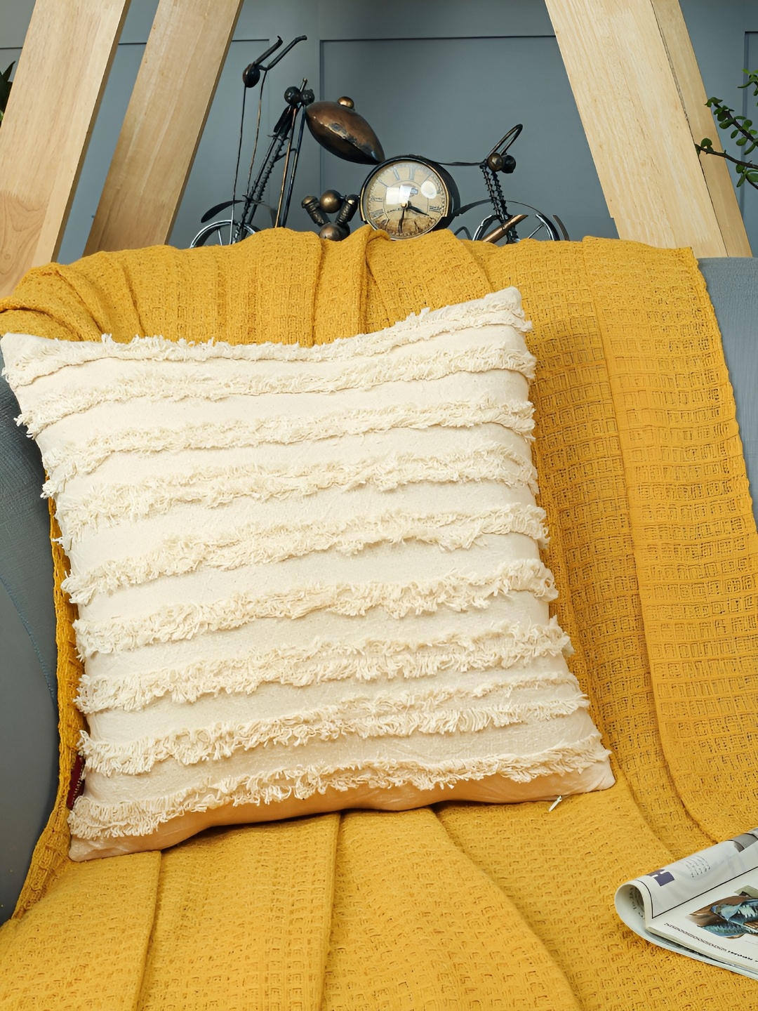 

HOMADORN Off White 2 Pieces Striped Square Cotton Cushion Covers