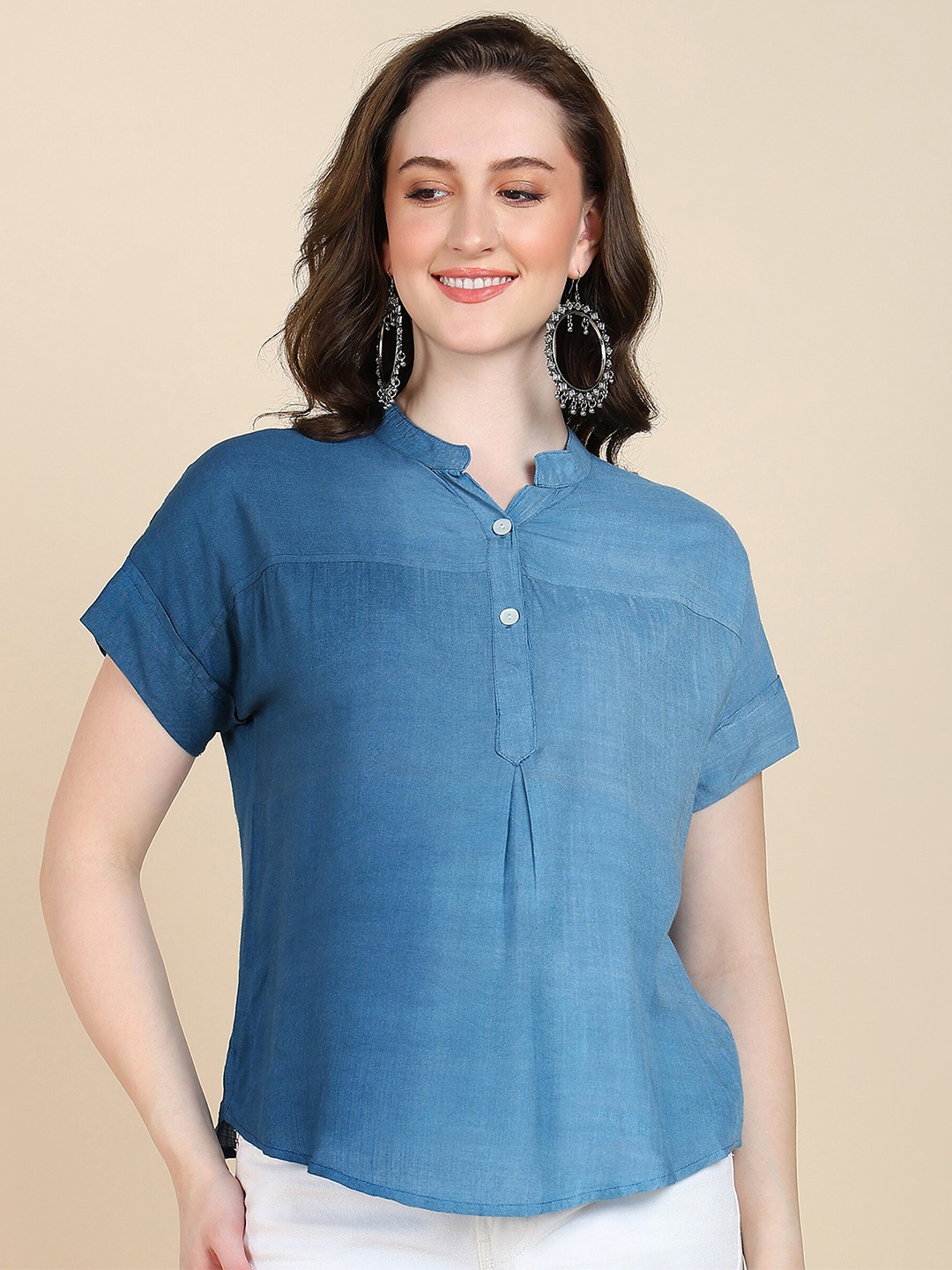 

Maaesa Mandarin Collar Extended Sleeves Shirt Style Top, Blue