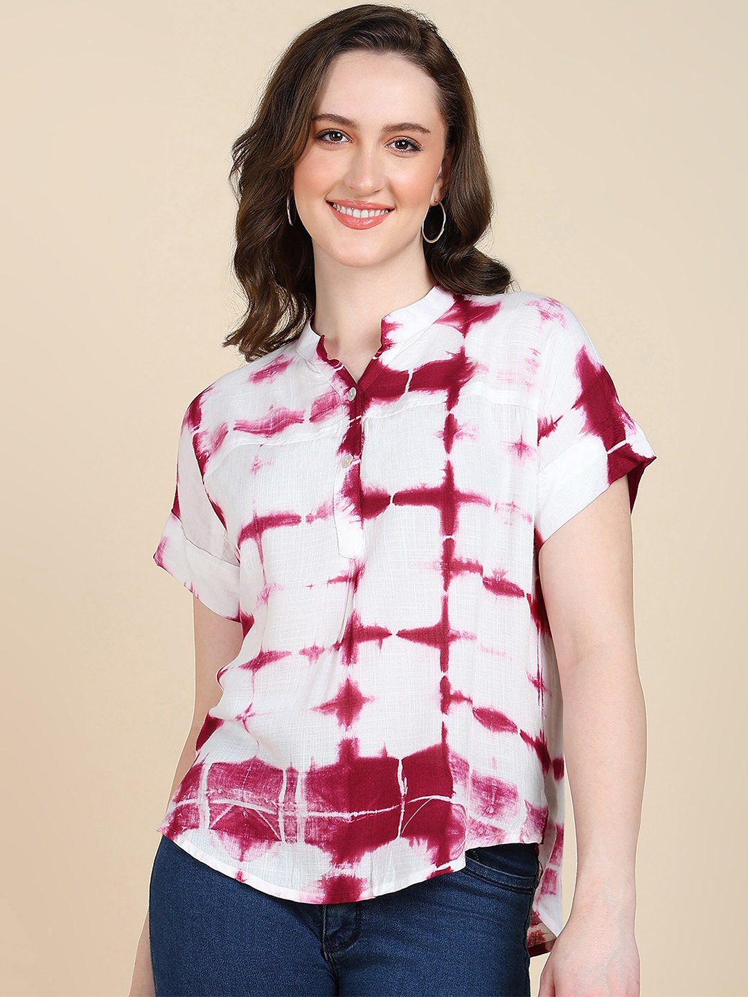 

Maaesa Tie and Dye Mandarin Collar Extended Sleeves Shirt Style Top, Maroon