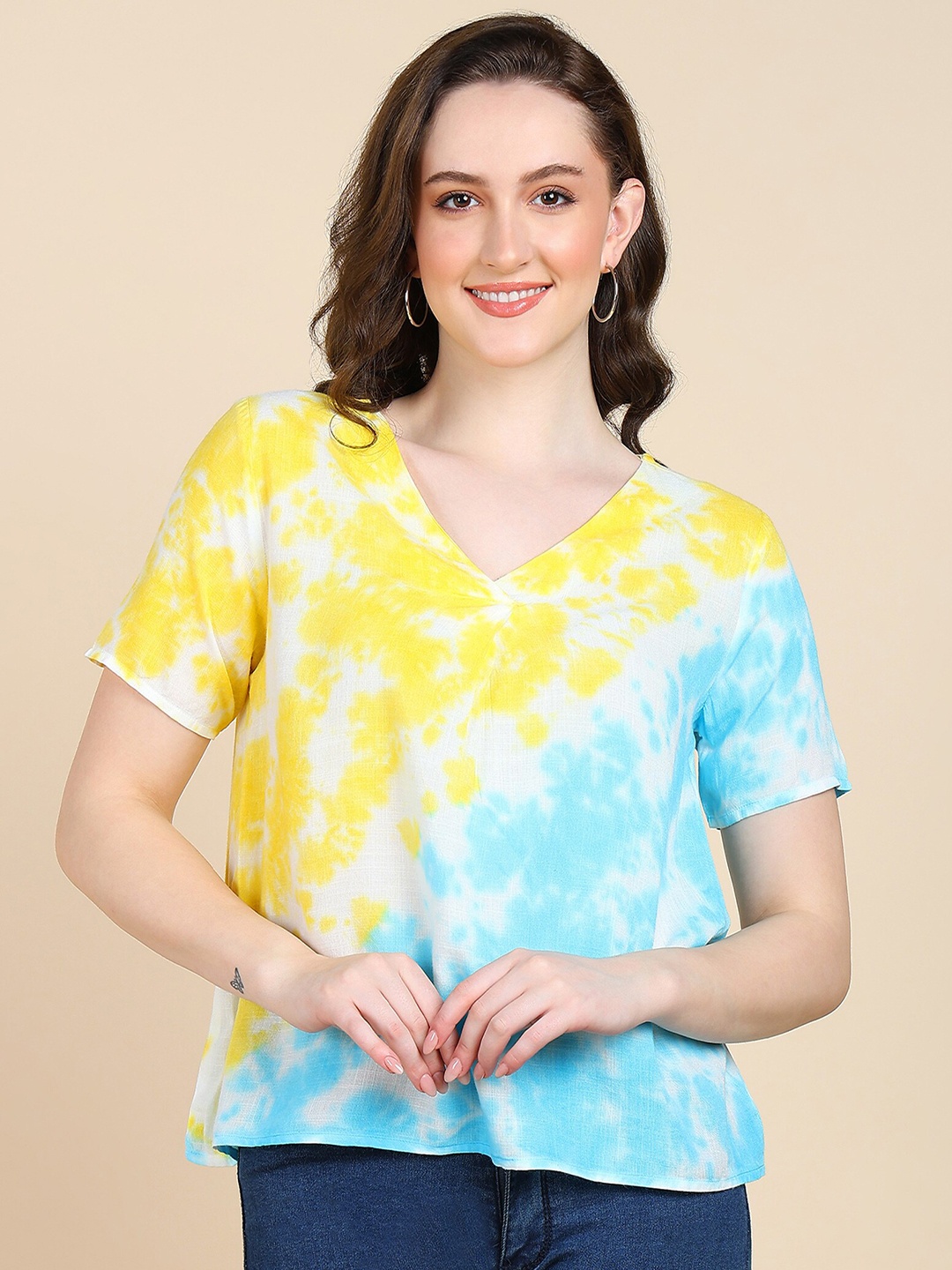 

Maaesa Tie and Dyed V-neck Top, Yellow