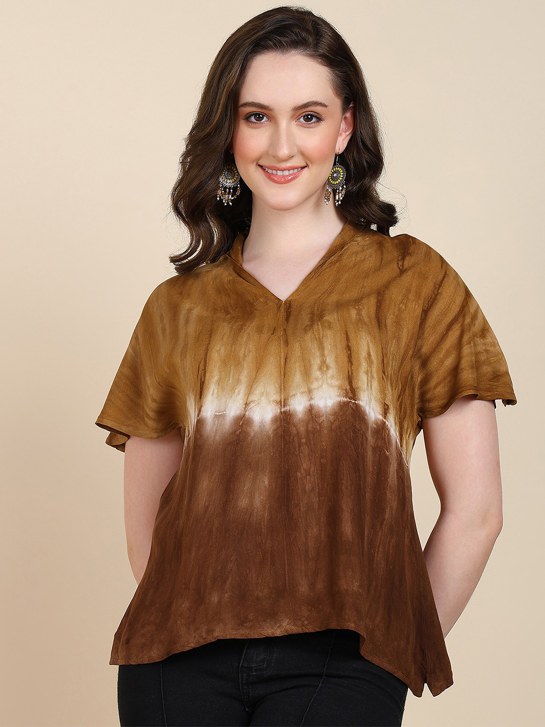

Maaesa Tie and Dyed V-neck Top, Brown
