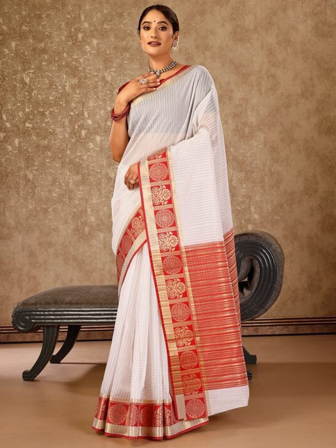 

Mitera Striped Woven Design Banarasi Saree, White