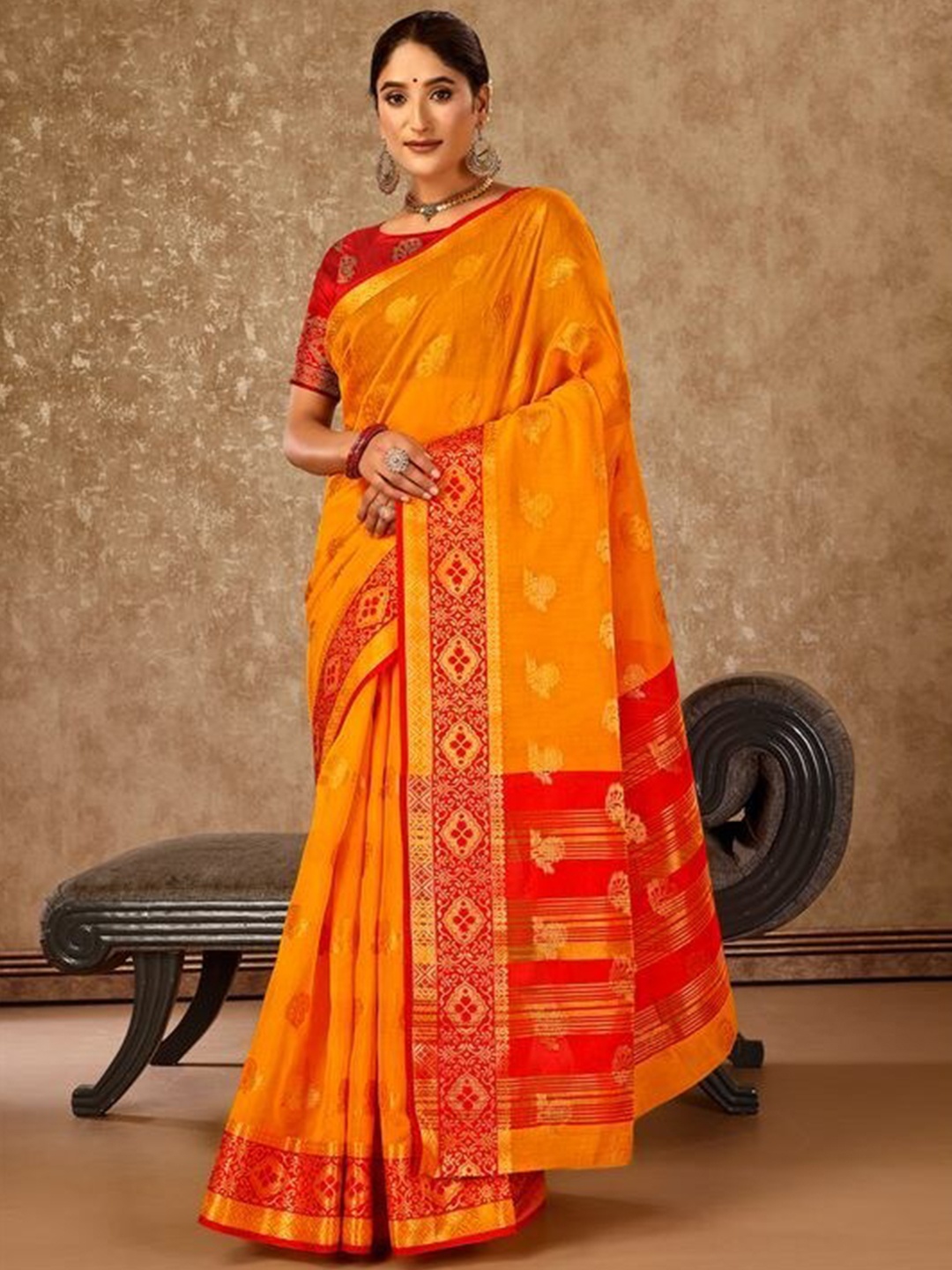 

Mitera Ethnic Woven Design Zari Silk Cotton Banarasi Saree, Mustard