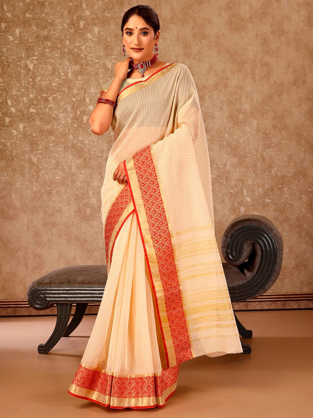 

Mitera Woven Design Zari Silk Cotton Banarasi Saree, Beige