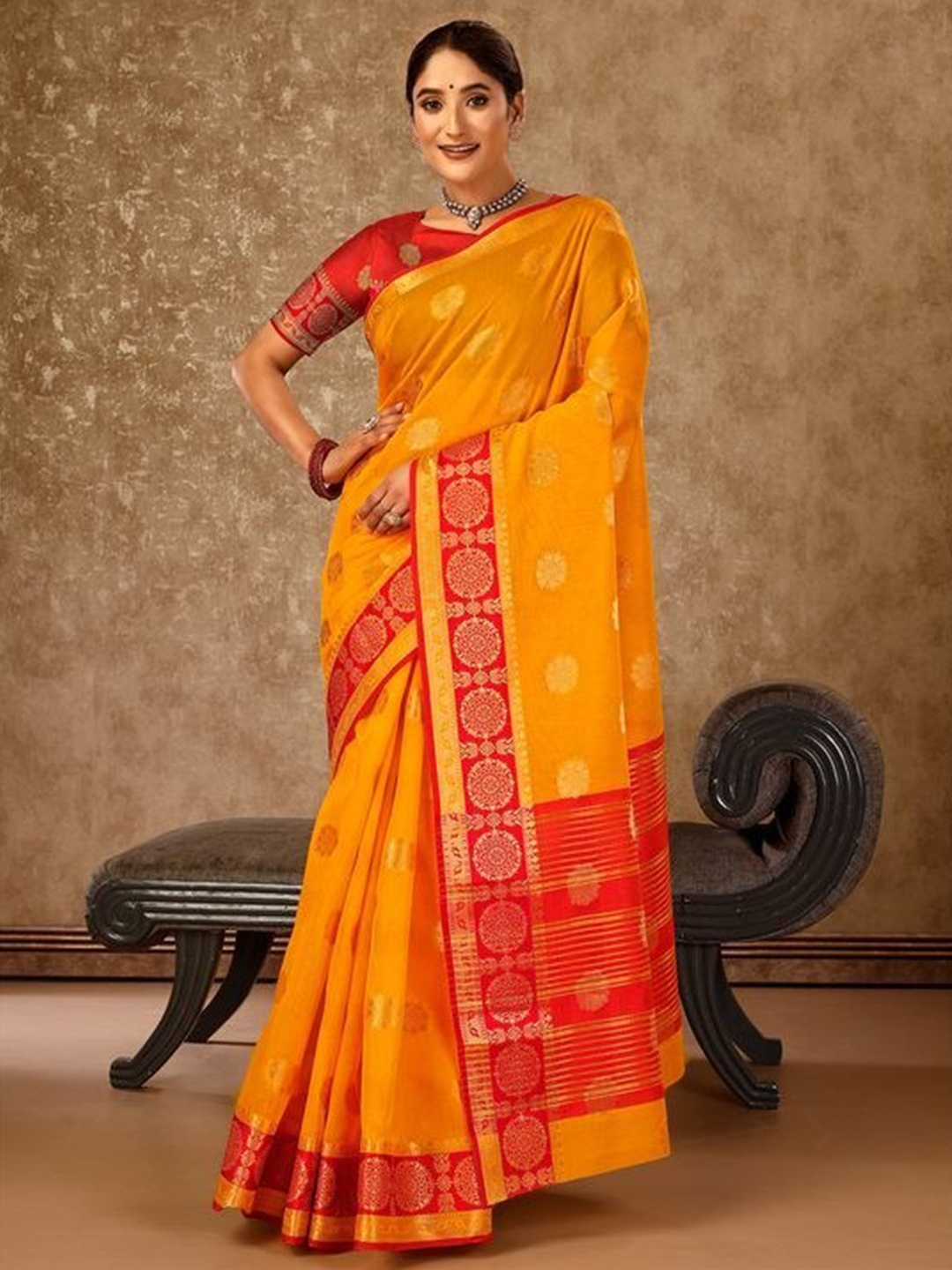 

Mitera Mustard Ethnic Motifs Woven Design Zari Silk Cotton Banarasi Saree
