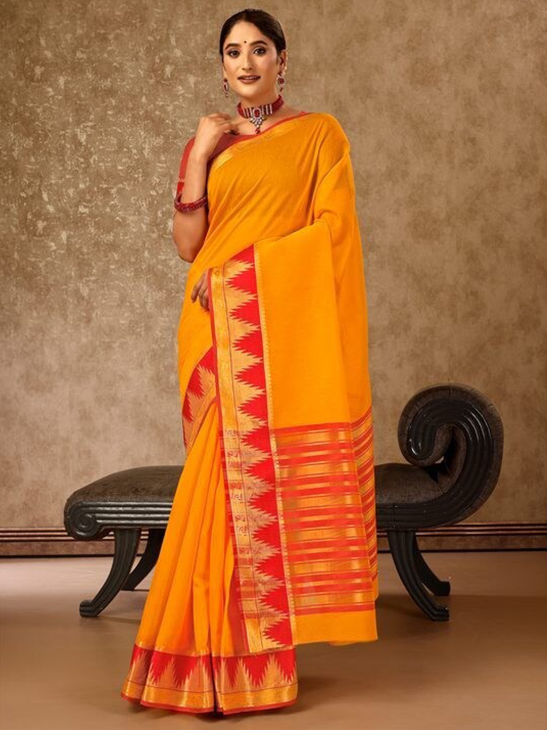 

Mitera Mustard Ethnic Motifs Woven Design Silk Cotton Banarasi Saree