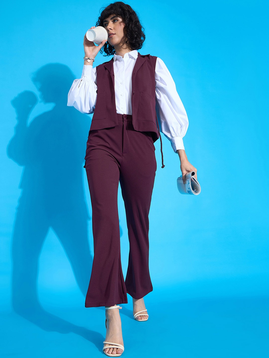

SASSAFRAS worklyf Sleeveless Tie-Up Blazer With Bell Bottom Trouser, Burgundy