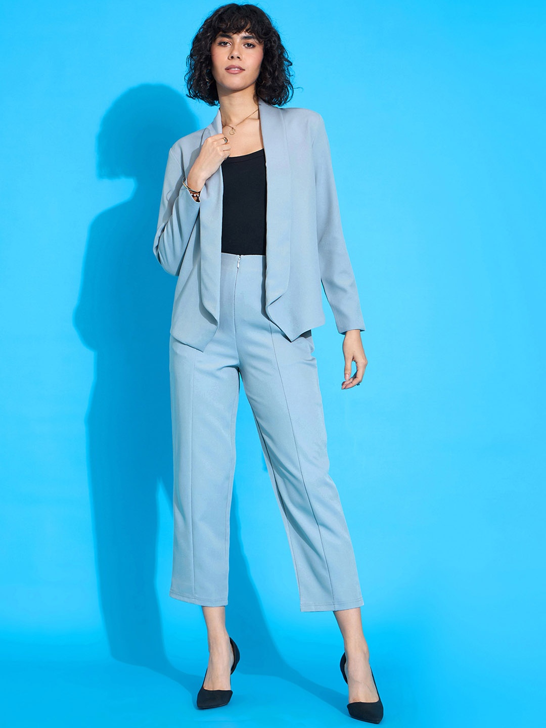 

SASSAFRAS worklyf Shawl Collar Open Front Blazer With Trousers, Grey