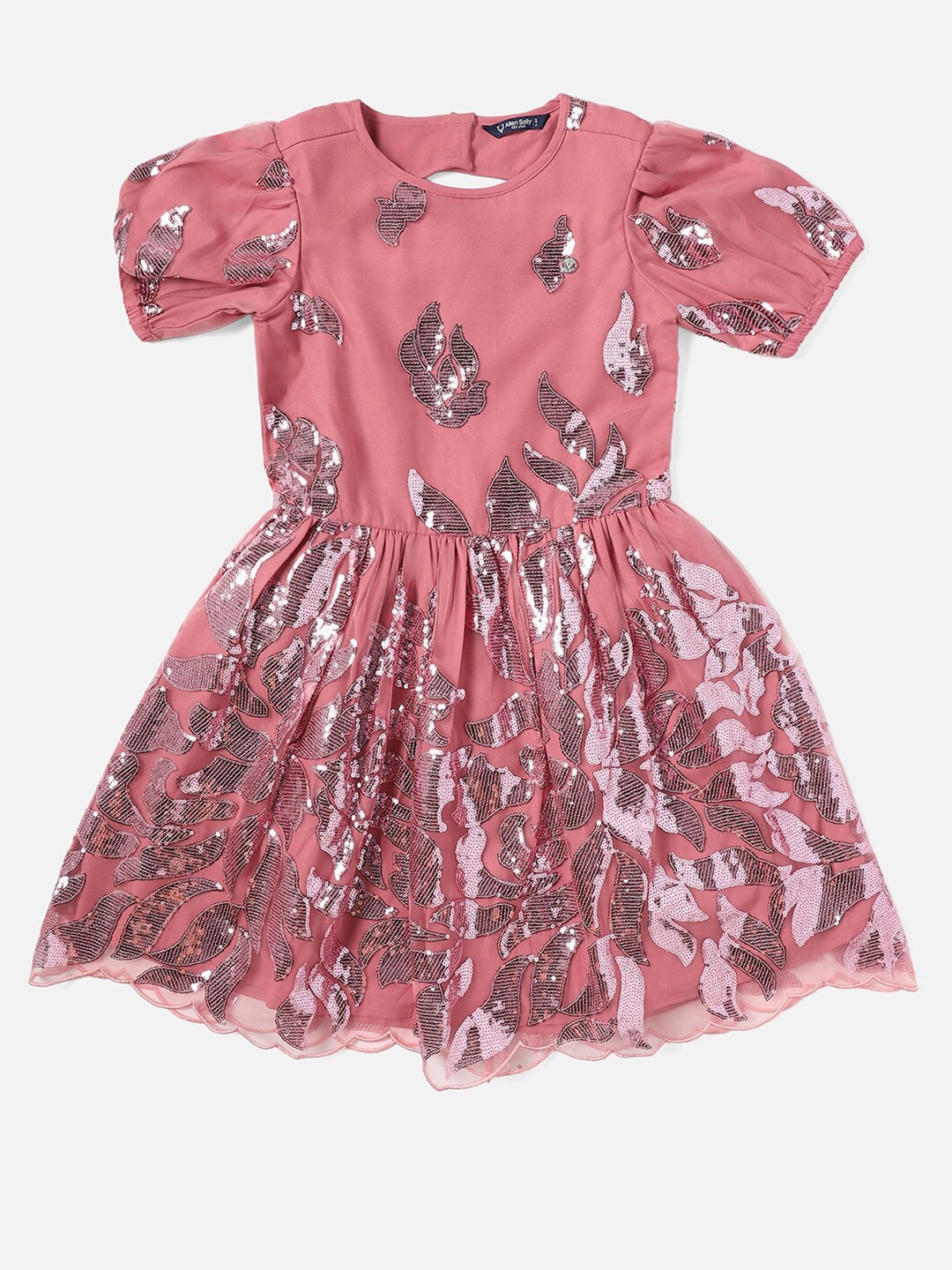 Allen Solly Junior Girls Embellished Puff Sleeve Sequined Fit & Flare Dress, Pink