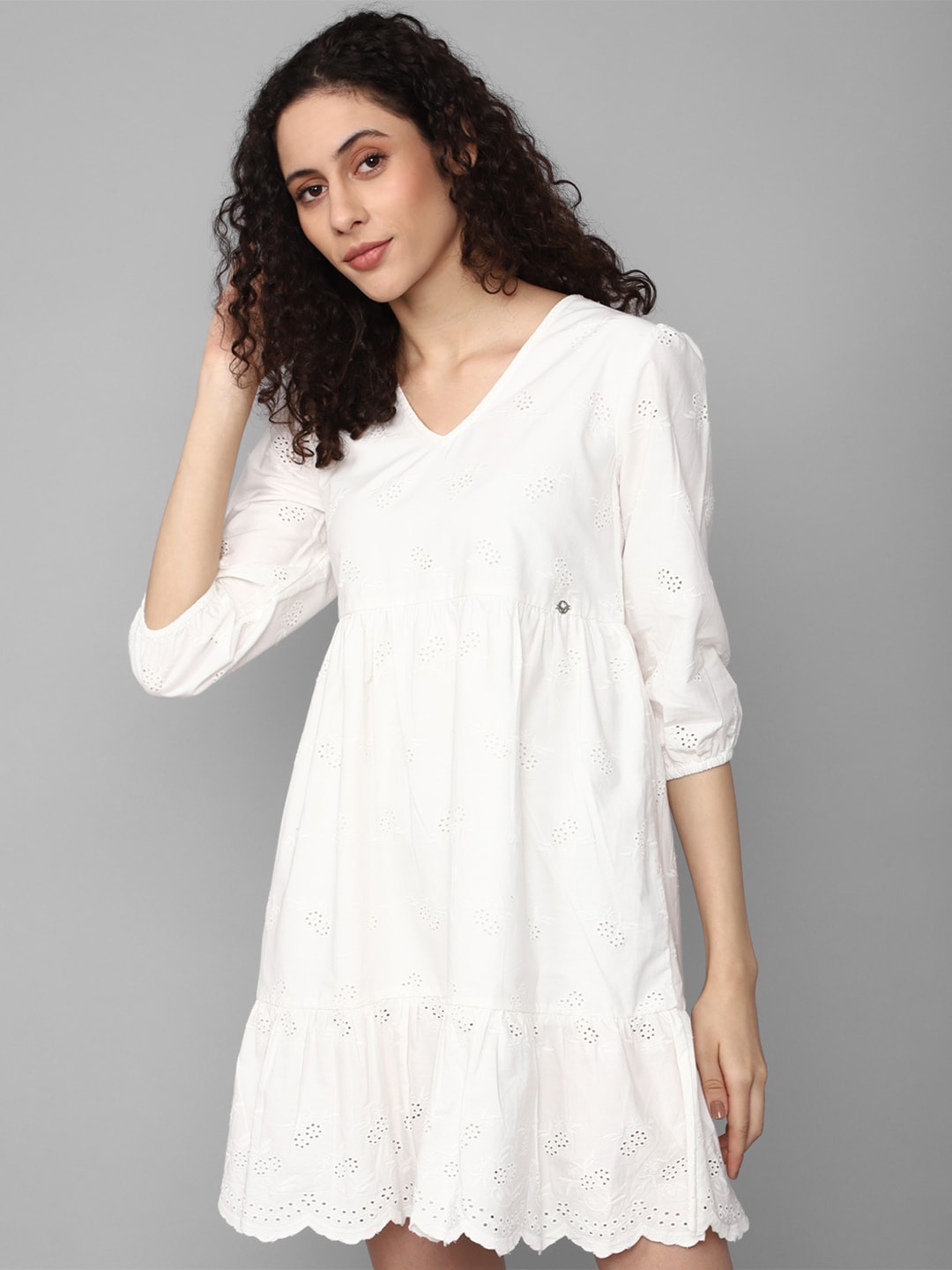 

Allen Solly Woman Self Design Puff Sleeve Schiffli Fit & Flare Dress, White