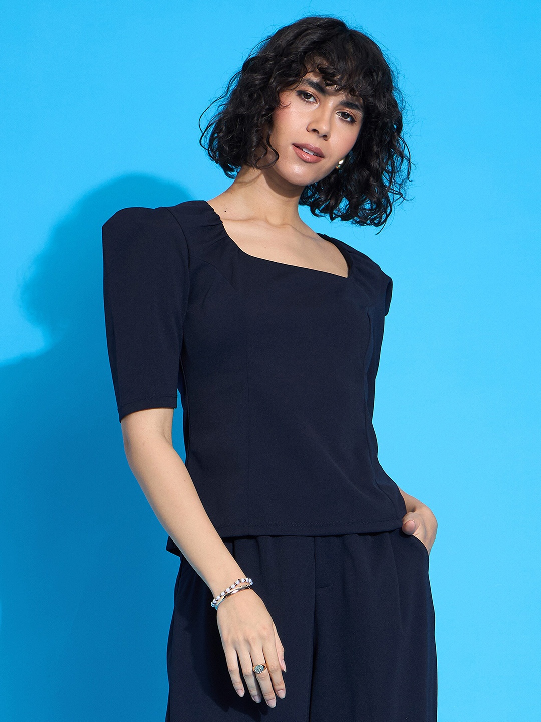 

SASSAFRAS worklyf Square Neck Puff Sleeve Top, Navy blue