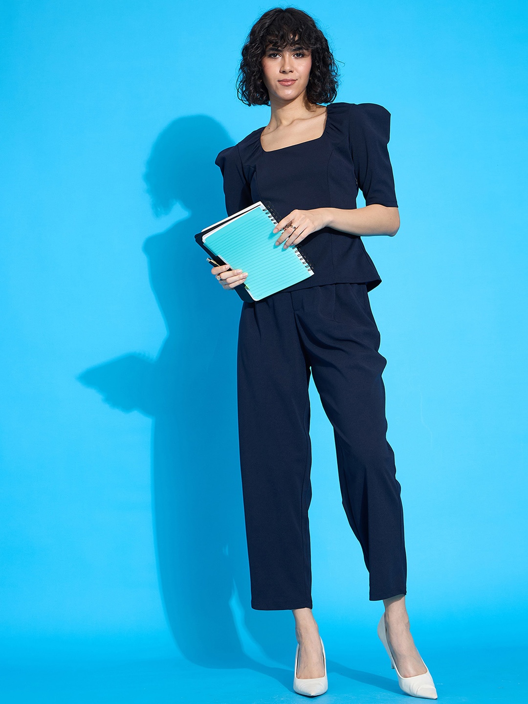 

SASSAFRAS worklyf Square Neck Puffed Sleeves Top With Trousers, Navy blue