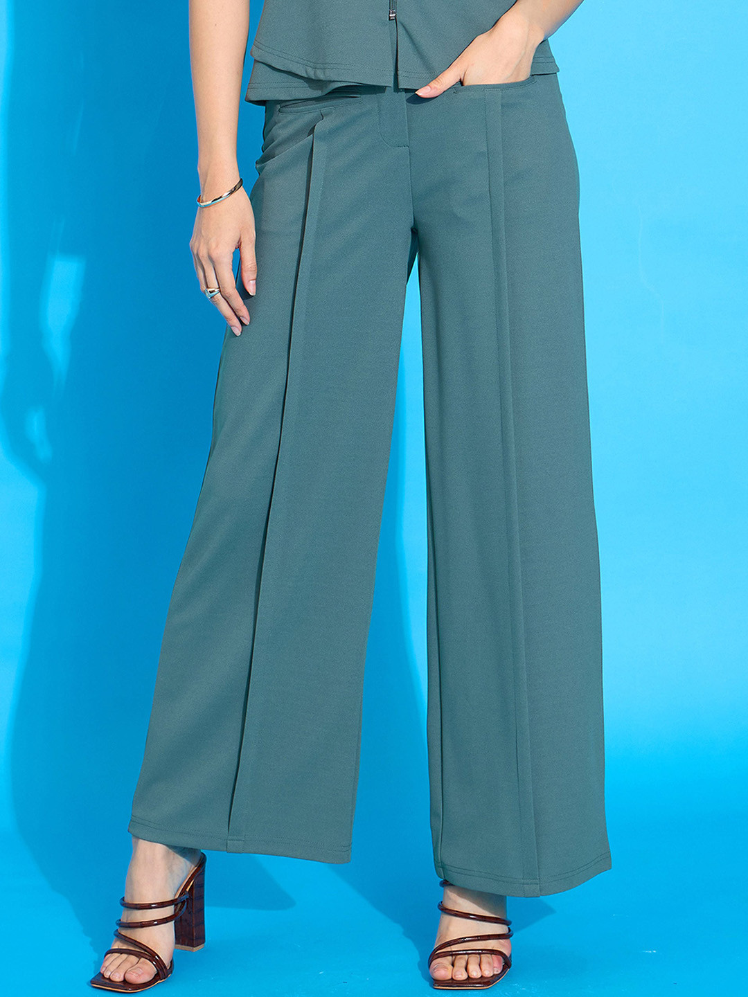 

SASSAFRAS worklyf Women Straight Fit High-Rise Pleated Trousers, Green