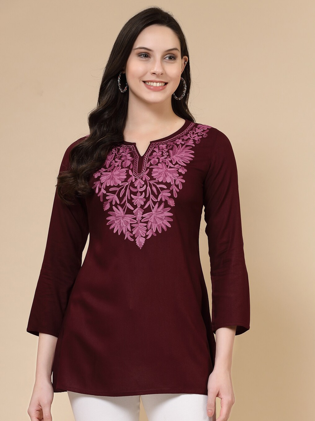 

QAZMI Fiza Kashmiri Aari Embroidered A-Line Flared Kurti, Burgundy