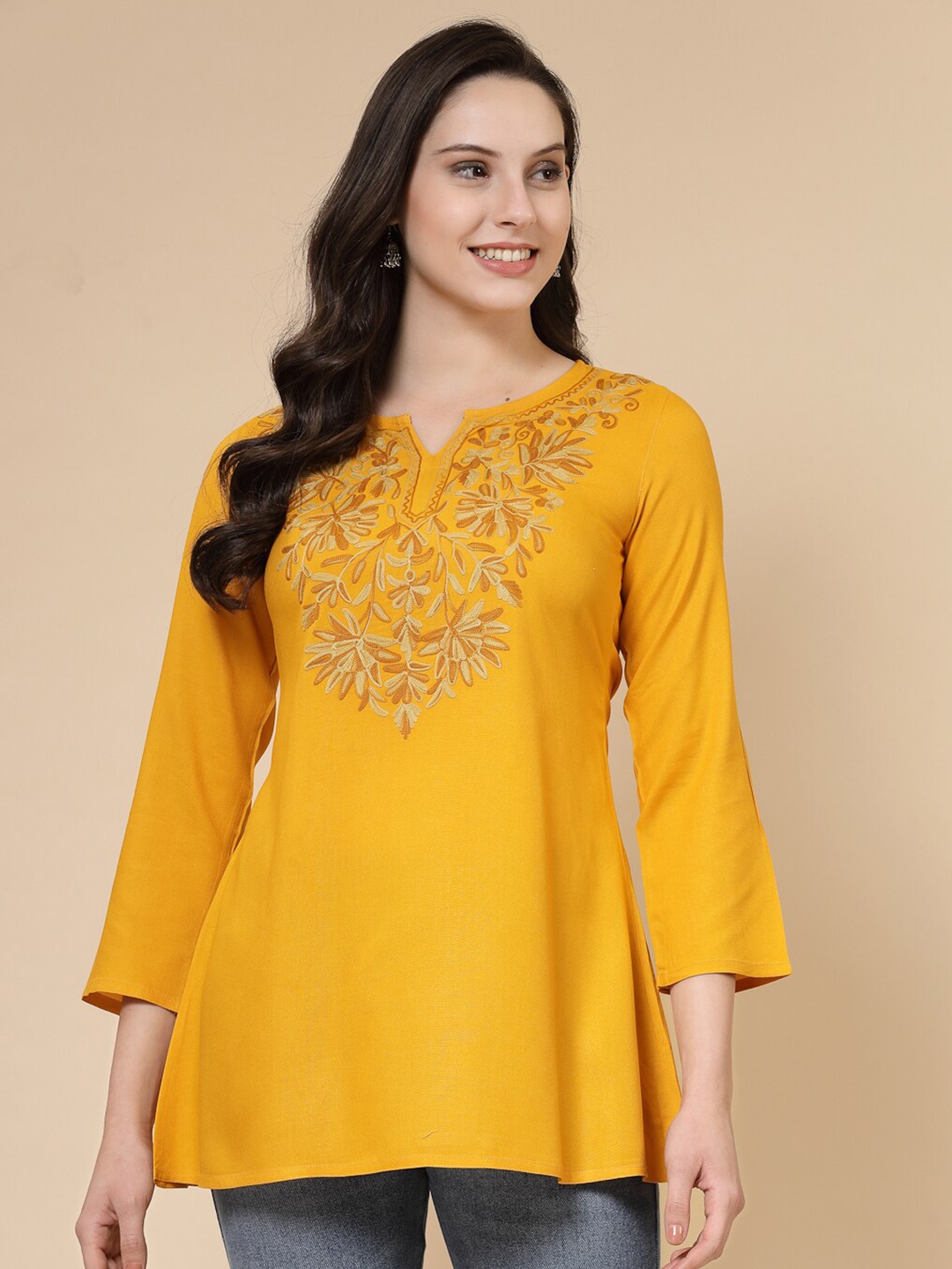 

QAZMI Fiza Kashmiri Aari Embroidered A-Line Flared Kurti, Mustard