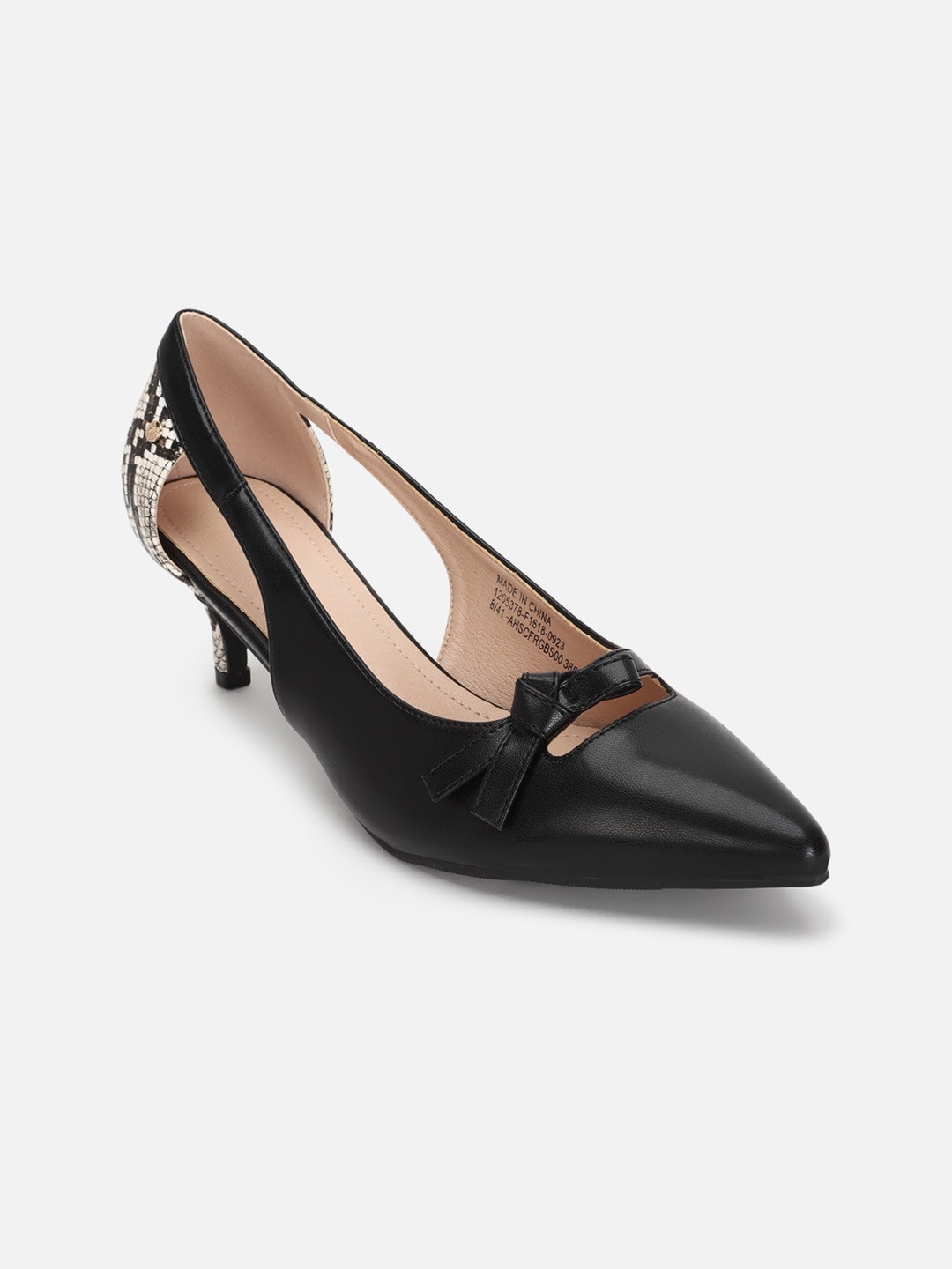 

Allen Solly Woman Printed Bow Detailed Kitten Heeled Pumps, Black