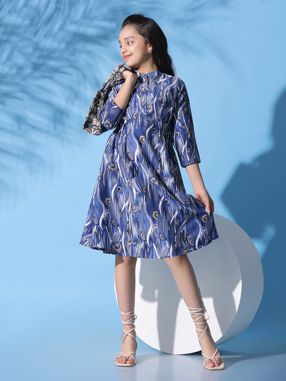 

BAESD Girls Abstract Printed Mandarin Collar A-Line Dress, Blue