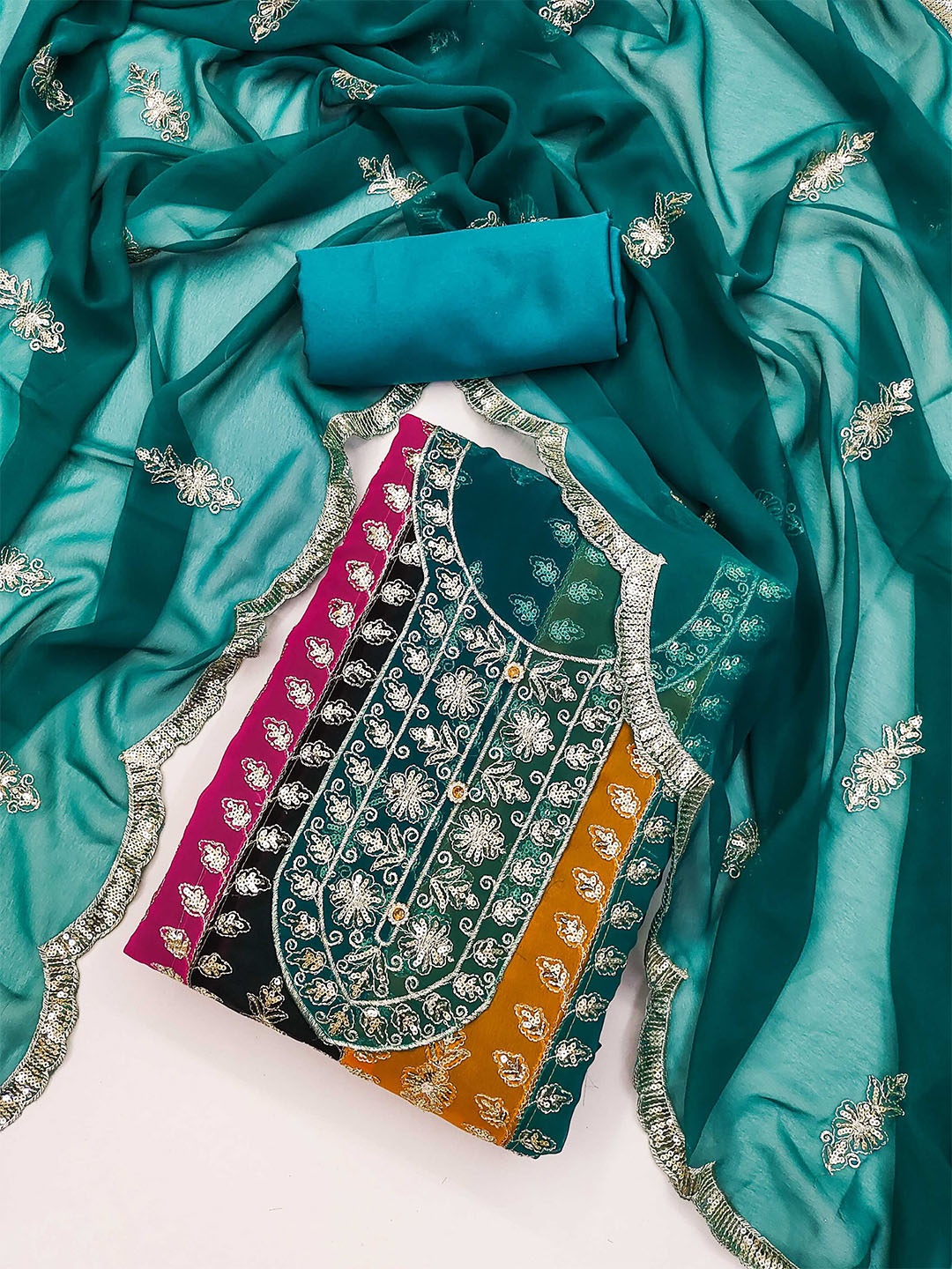 

Panzora Embroidered Unstitched Dress Material, Teal