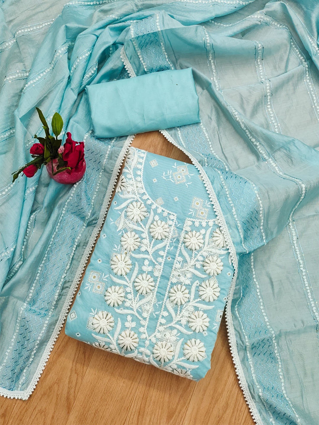 

Panzora Floral Embroidered Unstitched Dress Material, Blue