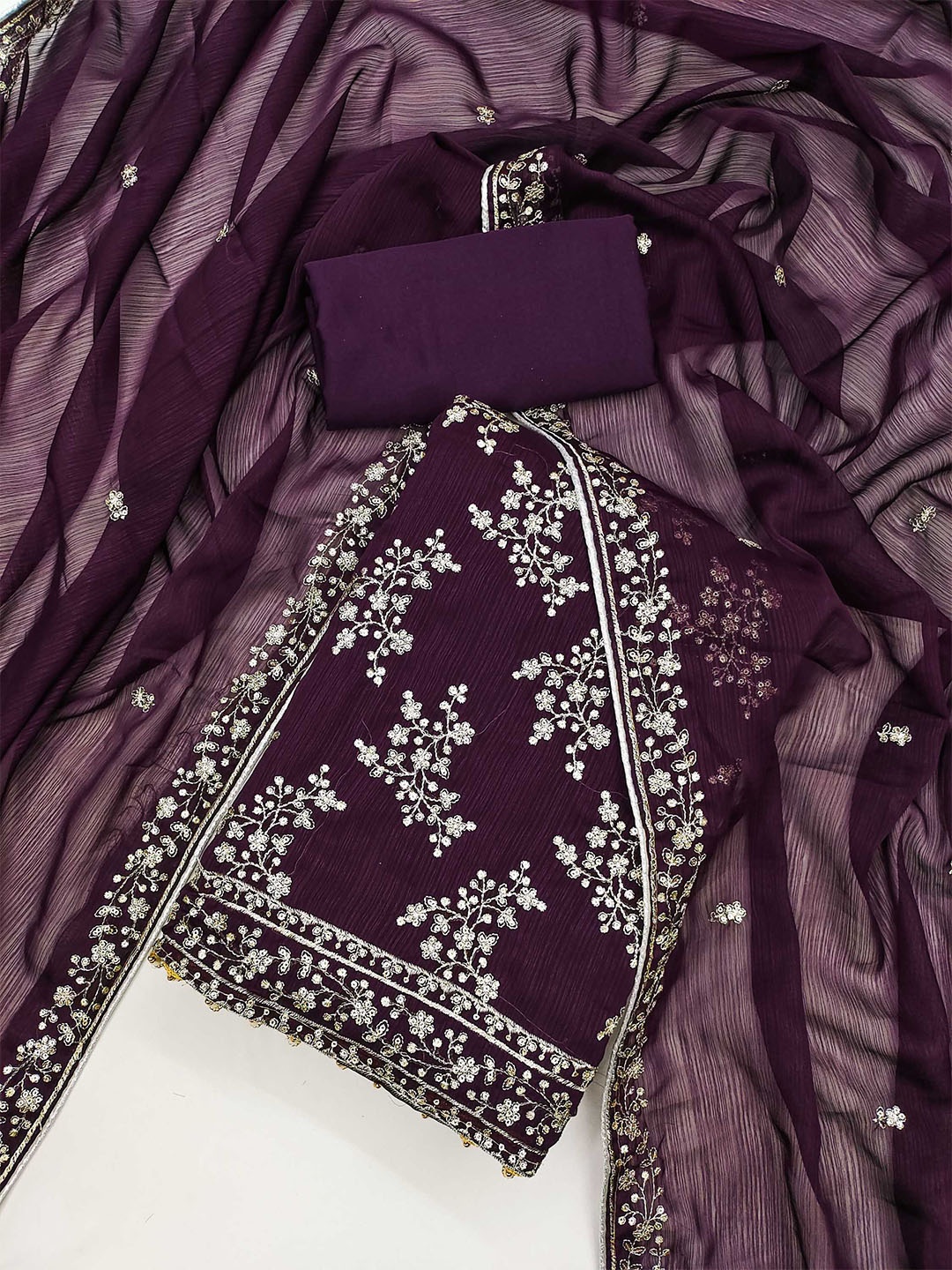 

Panzora Floral Embroidered Unstitched Dress Material, Purple
