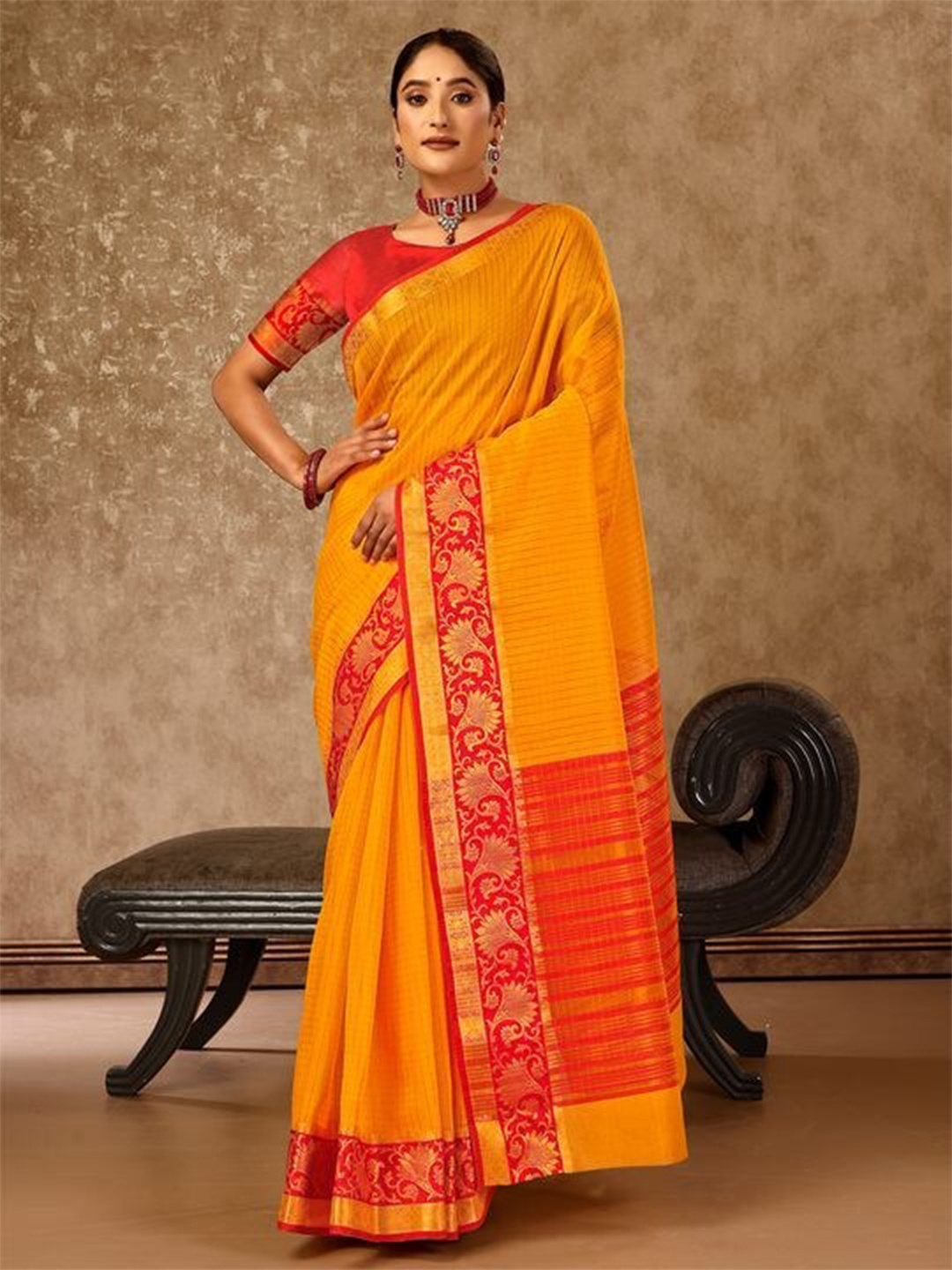 

Indian Women Ethnic Woven Design Zari Silk Cotton Banarasi Saree, Mustard