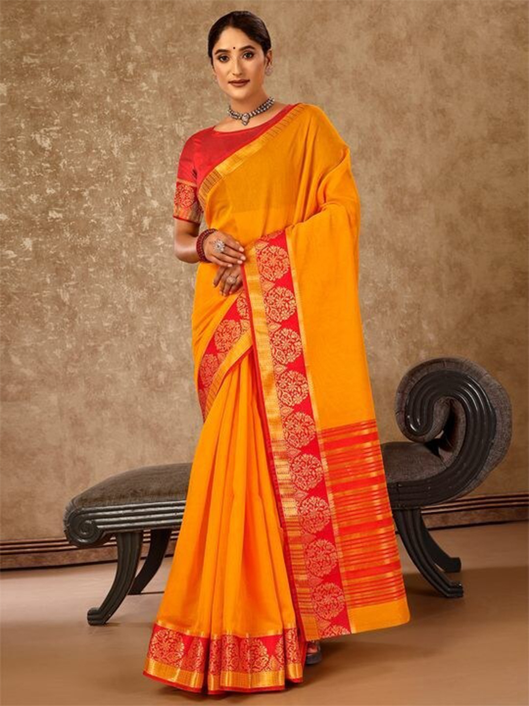 

Indian Women Zari Silk Cotton Banarasi Saree, Mustard