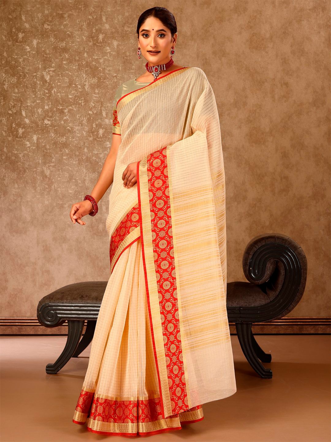 

Indian Women Ethnic Woven Design Zari Silk Cotton Banarasi Saree, Beige